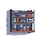 Dimly lit, multi-tiered shelf unit with brown shelves and a gray-blue frame, filled with pixelated electronic components and sleek devices.