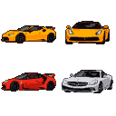A yellow Ferrari in profile and a yellow Lamborghini from the front are on the top row. A red Lamborghini in profile and a white Mercedes-Benz convertible from a slightly angled front are on the bottom row, all against a black background.