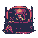 A fox-person tavern owner stands behind a wooden counter, illuminated by a lamp, with shelves stocked with bottles and gold coins in the foreground.