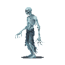 Gaunt, spectral skeletal humanoid in profile, with translucent icy blue form, hunched posture, splayed fingers, and tattered wrappings.
