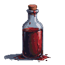 Glass bottle filled with dark red, blood-like liquid, with droplets on the exterior.