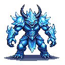 Bipedal frost dragon with crystalline ice armor, sharp horns, spiky pauldrons, and jagged gauntlets.