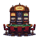 Row of vibrant slot machines with illuminated reels and screens, in front of a grand casino facade. A green felt table with chips and cards, and red bar stools are in the foreground.