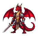 A red dragon in ornate golden and silver armor stands with wings spread, holding a gleaming sword.
