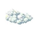 A fluffy cumulus cloud with soft white, gray, pale blue, and yellow/pink accents floats against a black background.