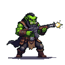 Green-skinned orc firing a shotgun, muzzle flash and shell ejected, wearing leather armor, loincloth, boots, and cloak.