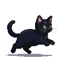 A black cat with yellow eyes dashes forward, its tail curved up and tiny white pixels trailing its paws.