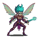Fierce pixie warrior with teal hair, purple and gold armor, iridescent wings, and a glowing cyan sword.