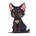 A black cat with piercing yellow eyes and a red "M" marking on its forehead. It has red markings on its legs and a red collar with a golden bell. White whiskers are sharply defined.