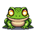 A vibrant green frog with closed, glowing yellow eyes, resting on a black background.