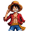 Monkey D. Luffy with straw hat, red vest, blue shorts, and golden sash, pointing finger to his temple with a grin.