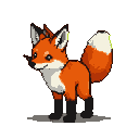 A friendly fox with vibrant orange fur, white chest, and dark leg markings. Its bushy tail is tipped with white and curls upwards.