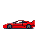 Red Ferrari F40 in side profile against a black background, rendered in pixel art.