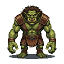A muscular, green-skinned troll in brown armor stands in a confrontational pose.