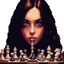 Young woman with dark hair and blue eyes intensely focused on a chessboard.