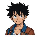 Young man with spiky black hair, brown jacket, and blue shirt, looking forward with a confident smirk.