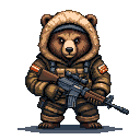A brown bear in tactical gear with a fur-lined hood and a rifle, standing alert on a transparent background.