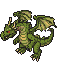 A fearsome green dragon with red eyes, wings slightly unfurled, and extended claws.