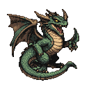 Emerald-scaled dragon in a stealthy, coiled pose, wings spread, mouth agape showing sharp teeth and crimson tongue, with intense yellow eyes.