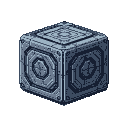 A cubic robot vehicle with detailed circular paneling and geometric textures, rendered in muted blue-grey tones.