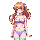 Young anime woman with auburn pigtails in a purple and turquoise bikini, standing confidently.