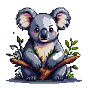 A plump koala with large eyes and grey fur sits on a branch, surrounded by lush green leaves.