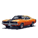 Orange 1970s Dodge Charger with a black racing stripe, side profile, on black background.