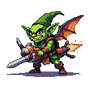Mischievous green goblin with tattered leather armor, pointed cap, sharp teeth, and bat-like wings, holding an oversized weapon with fiery exhaust.