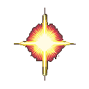 A four-pointed starburst of light with a white center, transitioning through yellow and orange to red tips.