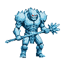 A menacing ice golem with jagged crystalline armor and glowing crimson eyes, holding a spiked mace.