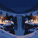 Two silhouetted gunslingers on snow-covered cliffs face each other across a chasm with a waterfall, illuminated by distant lanterns.