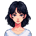 Young Japanese-inspired girl with dark wavy hair, black eyes, and a gentle expression, wearing a light-colored top.