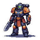 A space marine in dark segmented power armor with orange accents and a glowing green visor holds a pixelated sword.