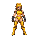 Female fighter in a yellow combat suit with a high blonde ponytail, poised confidently.
