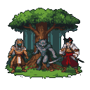 Three characters in a forest clearing: an Egyptian-inspired thief, a pixelated werewolf with a sword, and a Japanese Youkai swordsman.