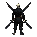 Skeletal warrior in black jacket and trousers, holding two swords, facing away from viewer.
