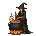 A witch in a green robe and pointed hat stirs a bubbling cauldron over a fire.