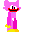 A pink, pixelated creature with large white eyes and a red mouth. It has a rectangular body, yellow feet, and light blue accents on its chest.