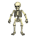 A skeletal figure with vacant eye sockets and a grinning jaw, standing forward with arms slightly extended against a black background.