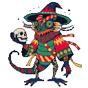 Chameleon necromancer boss with emerald, crimson, and gold scales, wearing a pointed hat and frilled collar, holding a grinning skull.