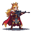 Regal queen with golden crown and crimson cape stands ready with a rifle.
