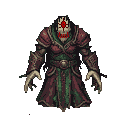 A skeletal figure in tattered crimson and green robes, with a single red eye and a gaping mouth filled with sharp teeth.