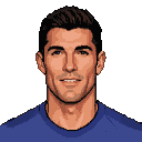 Pixelated portrait of Cristiano Ronaldo with dark hair, a confident smile, and piercing blue eyes, wearing a blue t-shirt.