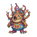 A round, orange creature with glowing tendrils and a jewel-toned bib, mouth open in a joyful expression, surrounded by colorful confetti.