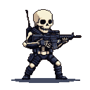 Skeletal figure in tactical gear holding a rifle, against a black background.