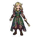 Poised elven figure with blonde hair, wearing a green tunic over purple leggings, holding a staff topped with a golden orb.
