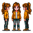 A young woman with a high ponytail, wearing a mustard-yellow hooded jacket, white t-shirt, distressed dark teal jeans, and brown boots.