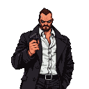 Stern man in black trench coat and white shirt holds a revolver, looking forward intently.