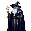 A tall wizard with a white beard, wearing a dark blue robe with gold trim, holds an ornate golden key in his right hand and a rosary with a small golden key in his left.