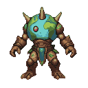 A stoic earth elemental with a planet-like head featuring continents and a single glowing red eye. Its body is composed of rugged stone and soil, with gnarled limbs and a skirt of earthy tones and leaves.